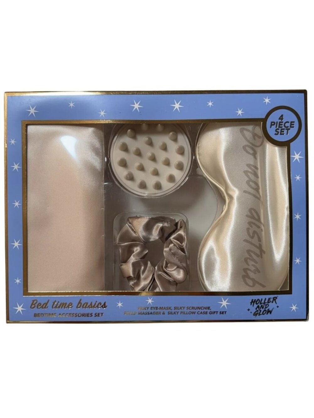 Holler & Glow Bedtime Basics 4-Piece Set Silk Eye Mask Scrunchie Scalp Massager - Picture 1 of 10